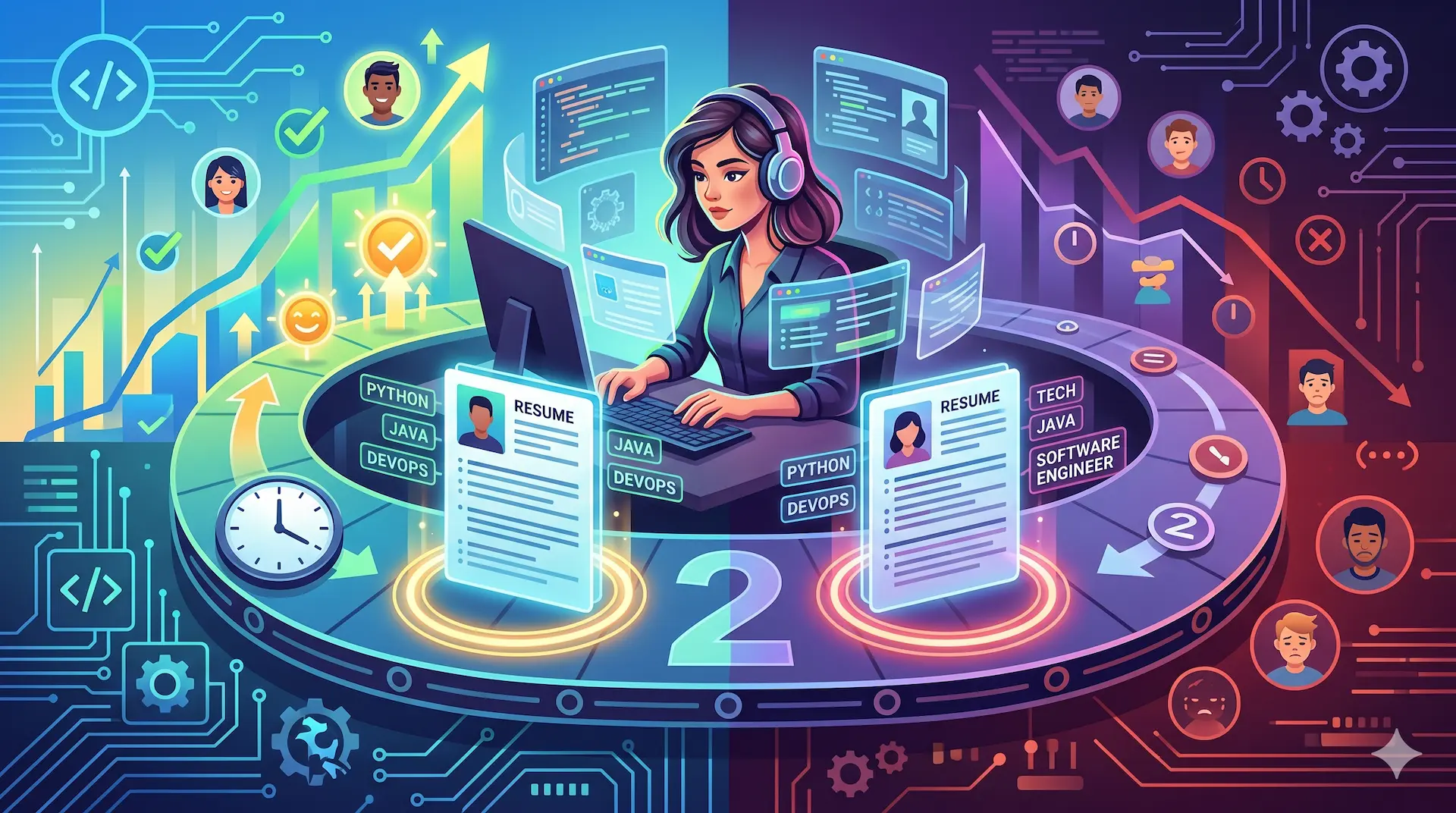 A focused female technical sourcer with headphones at a desk with floating screens displaying code and candidate profiles. Two glowing digital resumes are prominently moving along a stylized timeline, representing the '2 Resumes a Day' rule. The background contrasts high success points with rising graphs and smiling faces against challenging low points with declining lines and frustrated expressions.