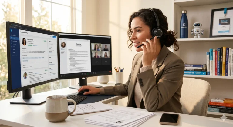 A focused technical recruiter wearing a headset works in a modern home office, concurrently reviewing candidate profiles and technical resumes on dual monitors while engaged in a phone call. A steaming coffee mug sits prominently on her desk.