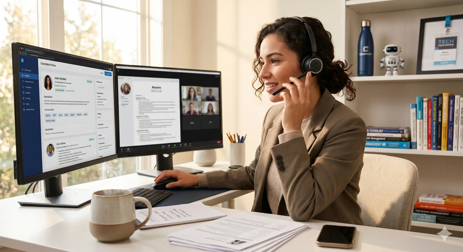 A focused technical recruiter wearing a headset works in a modern home office, concurrently reviewing candidate profiles and technical resumes on dual monitors while engaged in a phone call. A steaming coffee mug sits prominently on her desk.