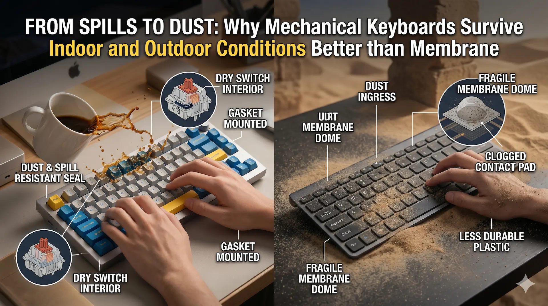 A split-screen comparison image, vertically divided. The top overlay reads 'FROM SPILLS TO DUST: Why Mechanical Keyboards Survive Indoor and Outdoor Conditions Better than Membrane.' The left pane features a premium mechanical keyboard on an indoor desk with a coffee splash and a magnified detail showing its 'Dust & Spill Resistant Seal' and 'Dry Switch Interior,' plus callouts for 'GASKET MOUNTED' and 'CNC ALUMINUM BODY.' The right pane features a dusty, gritty membrane keyboard outdoors on a textured patio, with a magnified detail showing 'DUST INGRESS' and a 'CLOGGED CONTACT PAD' within a 'FRAGILE MEMBRANE DOME,' plus callouts for 'LESS DURABLE PLASTIC.' Hands are on both keyboards, ready to type. The visual style is a high-resolution, photorealistic/illustrated hybrid with glowing lines.