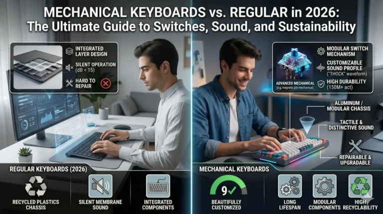 A detailed, split-screen infographic, vertically divided by a clean light barrier, with two distinct people in futuristic 2026 home/office environments. The left side is labeled "REGULAR KEYBOARDS (2026)" and shows a person with clean, minimalist style typing on an ultra-thin, sleek membrane keyboard. Main callouts are "RECYCLED PLASTICS CHASSIS," "SILENT MEMBRANE SOUND," and "INTEGRATED COMPONENTS." An inset details the super-thin membrane structure and calls it "HARD TO REPAIR" with an 'X' icon. The right side is labeled "MECHANICAL KEYBOARDS (2026)" and features a person with a focused, happy expression typing on a customized, vibrant mechanical keyboard with artisan keycaps and subtle RGB lighting, similar in aesthetic to high-quality mechanical keyboards from previous references. Main callouts are "MODULAR SWITCH MECHANISM," "MODULAR CHASSIS," and "DISTINCTIVE SOUND PROFILE ('THOCK' or 'CLACK' wave)." An inset details an advanced switch with "CUSTOMIZABLE SOUND PROFILE" and a green checkmark icon. A bottom inset highlights sustainability with icons and text for "LONG LIFESPAN," "MODULAR COMPONENTS," "HIGH RECYCLABILITY (ALU)," and "REPAIRABLE & UPGRADABLE (repair tool icon)," illustrating sustainability through modularity and repair. Sound profiles are visually represented by cones/waveforms. All text callouts are clear, legible, and integrated into the modern infographic style, using icons. The environment feels advanced.
