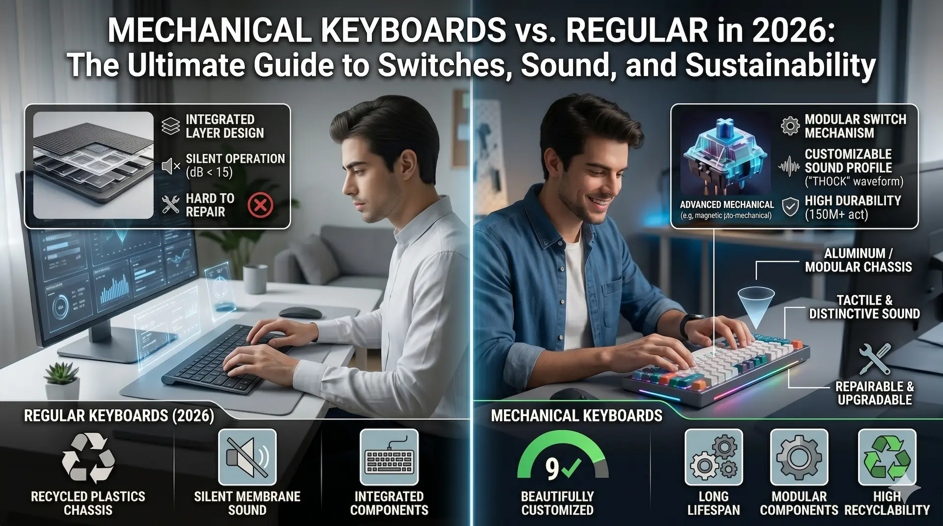A detailed, split-screen infographic, vertically divided by a clean light barrier, with two distinct people in futuristic 2026 home/office environments. The left side is labeled "REGULAR KEYBOARDS (2026)" and shows a person with clean, minimalist style typing on an ultra-thin, sleek membrane keyboard. Main callouts are "RECYCLED PLASTICS CHASSIS," "SILENT MEMBRANE SOUND," and "INTEGRATED COMPONENTS." An inset details the super-thin membrane structure and calls it "HARD TO REPAIR" with an 'X' icon. The right side is labeled "MECHANICAL KEYBOARDS (2026)" and features a person with a focused, happy expression typing on a customized, vibrant mechanical keyboard with artisan keycaps and subtle RGB lighting, similar in aesthetic to high-quality mechanical keyboards from previous references. Main callouts are "MODULAR SWITCH MECHANISM," "MODULAR CHASSIS," and "DISTINCTIVE SOUND PROFILE ('THOCK' or 'CLACK' wave)." An inset details an advanced switch with "CUSTOMIZABLE SOUND PROFILE" and a green checkmark icon. A bottom inset highlights sustainability with icons and text for "LONG LIFESPAN," "MODULAR COMPONENTS," "HIGH RECYCLABILITY (ALU)," and "REPAIRABLE & UPGRADABLE (repair tool icon)," illustrating sustainability through modularity and repair. Sound profiles are visually represented by cones/waveforms. All text callouts are clear, legible, and integrated into the modern infographic style, using icons. The environment feels advanced.