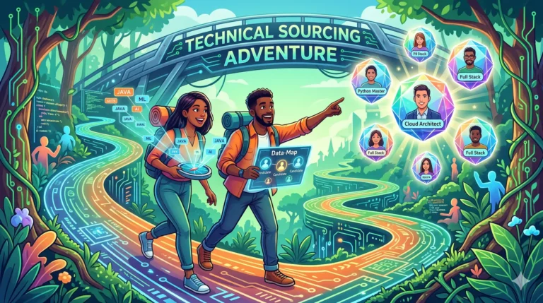 A dynamic digital illustration shows a diverse team of smiling recruiters navigating a lush, technical landscape, reaching for glowing candidate profile artifacts like finding hidden treasure.