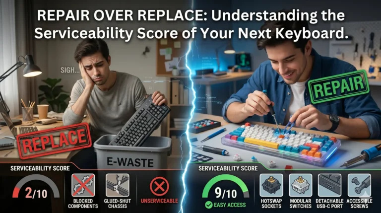 A photorealistic composite image, vertically split, with a dark header containing clear white text that reads: "REPAIR OVER REPLACE: Understanding the Serviceability Score of Your Next Keyboard." The left third shows a dimmer workspace and a user with a sad expression discarding a non-serviceable, generic keyboard into a trash bin labeled "E-WASTE," with a red stamp "REPLACE" and a "SERVICEABILITY SCORE" of "2/10." A low rating shows blocked gears and a glued-shut chassis, illustrating difficult repair. The right two-thirds features a brighter, focused DIY workbench and a focused user smiling while carefully replacing a modular mechanical switch on a colorful, customized keyboard with precise tools, a green stamp "REPAIR," and a high "SERVICEABILITY SCORE" of "9/10." A high rating shows moving gears and an "EASY ACCESS" icon, illustrating components that are easy to service, like hotswap sockets and detachable cables. Both users are different individuals. The overall style is photographic digital art with a modern tech aesthetic and blue energy effect, comparing sustainability with waste.