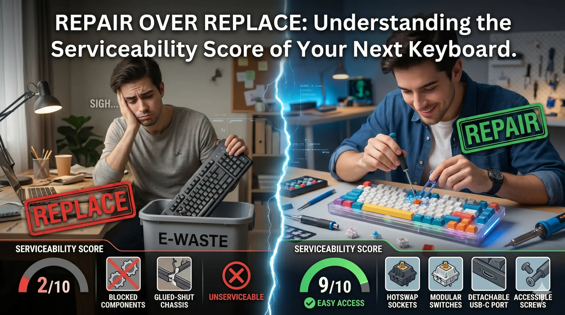 A photorealistic composite image, vertically split, with a dark header containing clear white text that reads: "REPAIR OVER REPLACE: Understanding the Serviceability Score of Your Next Keyboard." The left third shows a dimmer workspace and a user with a sad expression discarding a non-serviceable, generic keyboard into a trash bin labeled "E-WASTE," with a red stamp "REPLACE" and a "SERVICEABILITY SCORE" of "2/10." A low rating shows blocked gears and a glued-shut chassis, illustrating difficult repair. The right two-thirds features a brighter, focused DIY workbench and a focused user smiling while carefully replacing a modular mechanical switch on a colorful, customized keyboard with precise tools, a green stamp "REPAIR," and a high "SERVICEABILITY SCORE" of "9/10." A high rating shows moving gears and an "EASY ACCESS" icon, illustrating components that are easy to service, like hotswap sockets and detachable cables. Both users are different individuals. The overall style is photographic digital art with a modern tech aesthetic and blue energy effect, comparing sustainability with waste.