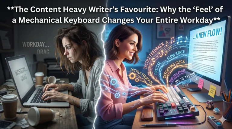 A split-screen photographic digital art illustration. At the top, in large white text, is the title: "The Content Heavy Writer's Favourite: Why the 'Feel' of a Mechanical Keyboard Changes Your Entire Workday." The left third shows a tired woman writer in a dimly lit, cluttered workspace, typing on a dull membrane laptop keyboard, with faded, uninspired text on her screen. A fissure separates this side. The right two-thirds features a smiling, energized woman writer with neat hair, typing quickly and joyfully on a vibrant, customized mechanical keyboard with artisan keycaps and subtle RGB lighting. Dynamic bursts of stylized energy, gears, musical notes, and waves radiate from the keys, with integrated words like "TACTILE FEEDBACK," "FLOW STATE," "PRECISE," "SATISFYING CLICK," "ENDLESS PROSE," and "JOY OF TYPING." Her screen displays fast-flowing prose with a motivated title: "...A NEW FLOW!" The workspace is creative. The overall style is photographic art with a touch of fantasy. The comparison emphasizes the positive change from drudgery to joy.