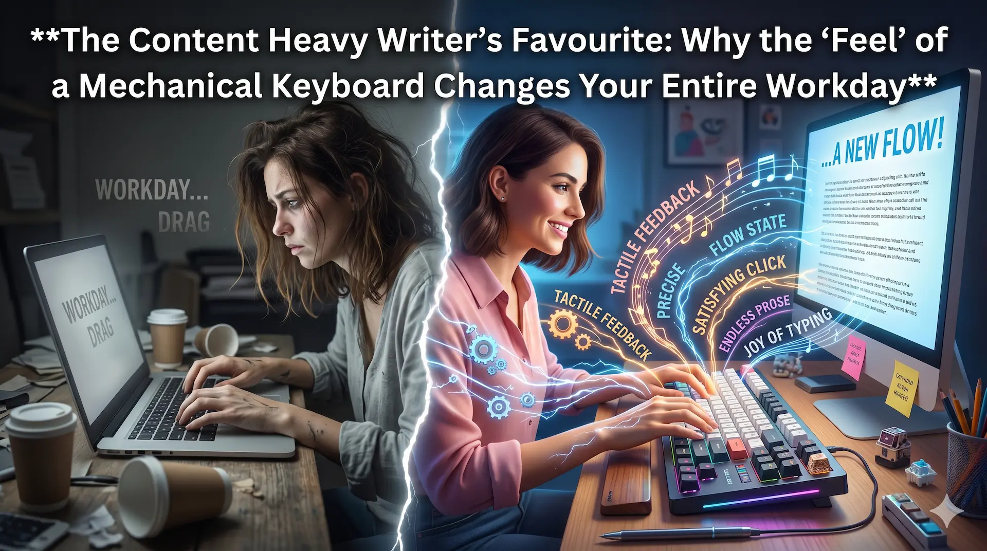 A split-screen photographic digital art illustration. At the top, in large white text, is the title: "The Content Heavy Writer's Favourite: Why the 'Feel' of a Mechanical Keyboard Changes Your Entire Workday." The left third shows a tired woman writer in a dimly lit, cluttered workspace, typing on a dull membrane laptop keyboard, with faded, uninspired text on her screen. A fissure separates this side. The right two-thirds features a smiling, energized woman writer with neat hair, typing quickly and joyfully on a vibrant, customized mechanical keyboard with artisan keycaps and subtle RGB lighting. Dynamic bursts of stylized energy, gears, musical notes, and waves radiate from the keys, with integrated words like "TACTILE FEEDBACK," "FLOW STATE," "PRECISE," "SATISFYING CLICK," "ENDLESS PROSE," and "JOY OF TYPING." Her screen displays fast-flowing prose with a motivated title: "...A NEW FLOW!" The workspace is creative. The overall style is photographic art with a touch of fantasy. The comparison emphasizes the positive change from drudgery to joy.