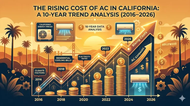 A professional digital illustration in a warm golden-orange and blue color scheme, featuring a clean graph showing an upward trend of 'Rising Costs' over a stylized California landscape with palm trees and a sunset. It includes dates from 2016 to 2026. Stacks of growing coins and dollar signs increase along the line, with a large arrow pointing up and 'AC EXPENSES'. Icons of air conditioning units are integrated with dollar symbols. Labels like 'California Energy Prices' and '10-Year Data Analysis' are clearly visible in the data panels. Glimmering lights, gears, and code patterns enhance the data visualization.