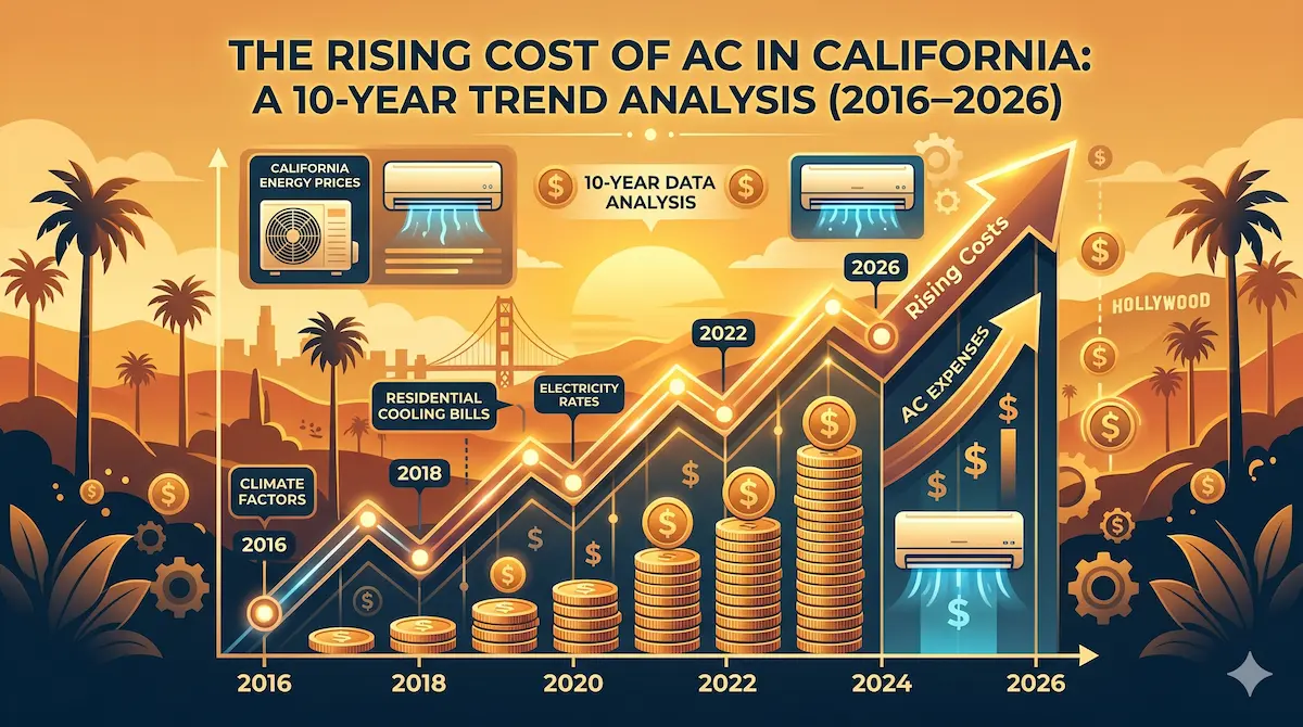 A professional digital illustration in a warm golden-orange and blue color scheme, featuring a clean graph showing an upward trend of 'Rising Costs' over a stylized California landscape with palm trees and a sunset. It includes dates from 2016 to 2026. Stacks of growing coins and dollar signs increase along the line, with a large arrow pointing up and 'AC EXPENSES'. Icons of air conditioning units are integrated with dollar symbols. Labels like 'California Energy Prices' and '10-Year Data Analysis' are clearly visible in the data panels. Glimmering lights, gears, and code patterns enhance the data visualization.