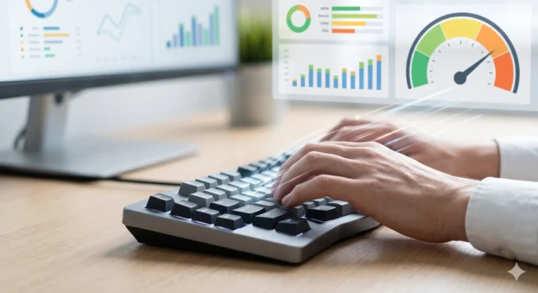 A close-up photograph of a person’s hands typing rapidly on an advanced, ergonomic mechanical keyboard. In the softly blurred background, a computer monitor displays abstract, unlabelled data charts, graphs, and a clean digital gauge without text labels, visualizing professional performance metrics and comparison standards.