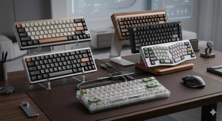A curated, multi-level display of six distinct premium custom mechanical keyboards arranged on a dark wood desk with a leather mat. The collection showcases various case materials (wood, metal, transparent, carbon fiber style), different keycap sets (retro, custom-printed, clear), and ergonomic layouts (split ergo). Keyboards are on individual stands, accompanied by an ergonomic mouse and a coiled cable. A futuristic computer screen is visible in the soft-focus background.