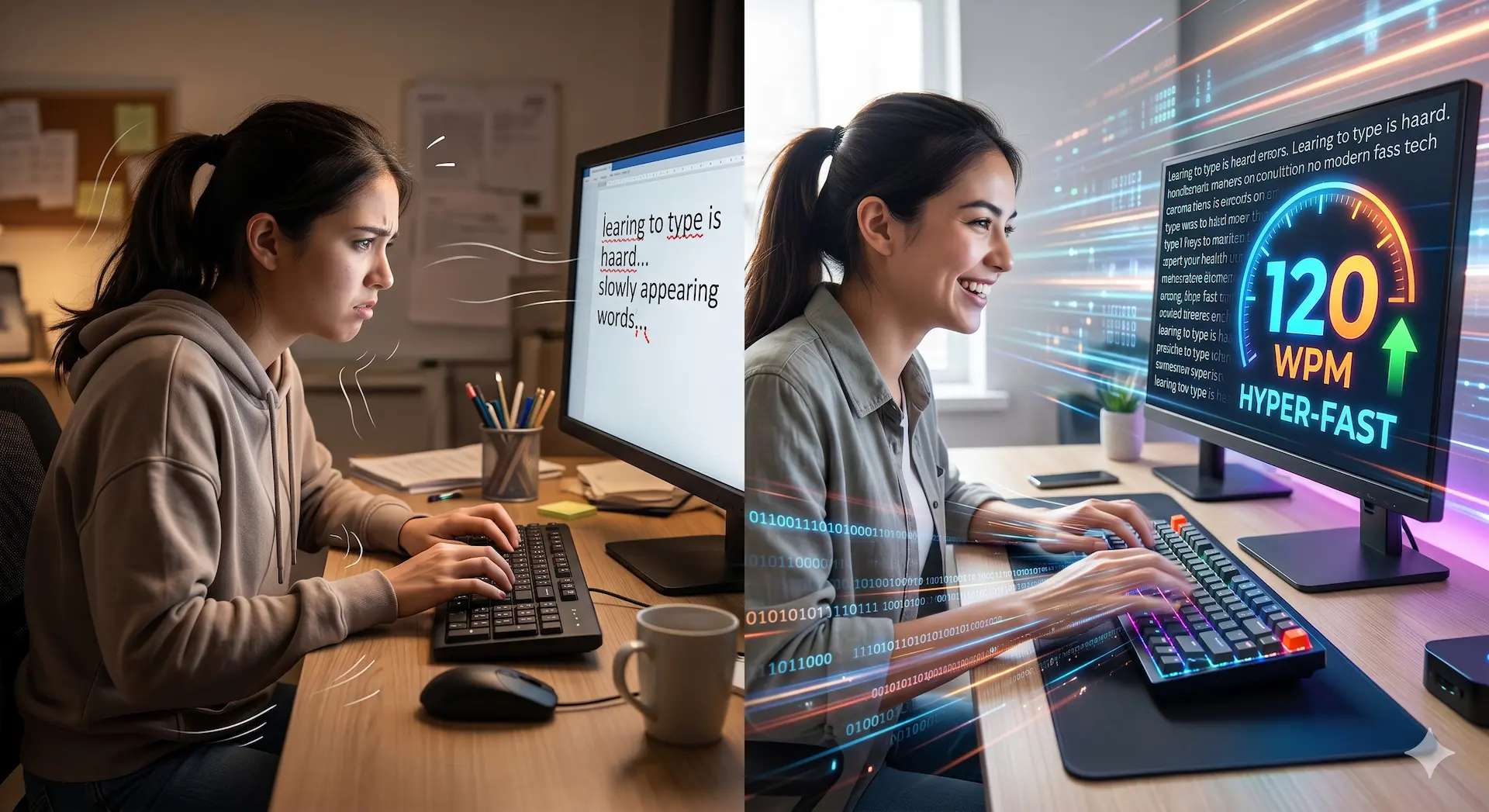A split-screen photo illustration contrasting two distinct typing experiences. The left side shows a young woman looking frustrated, struggling to type clumsily on a basic membrane keyboard with text errors and 'learing to type is haard' visible. The right side shows the same woman looking smiling and confident at a modern, organized desk, typing with extreme fluidity on an RGB-backlit mechanical keyboard. Her screen displays rapid text and a prominent, glowing digital meter reading '120 WPM' and 'HYPER-FAST', surrounded by light trails, binary code effects, and motion visualizations of speed. Natural and ambient light shifts from warm and cluttered to energetic and modern.